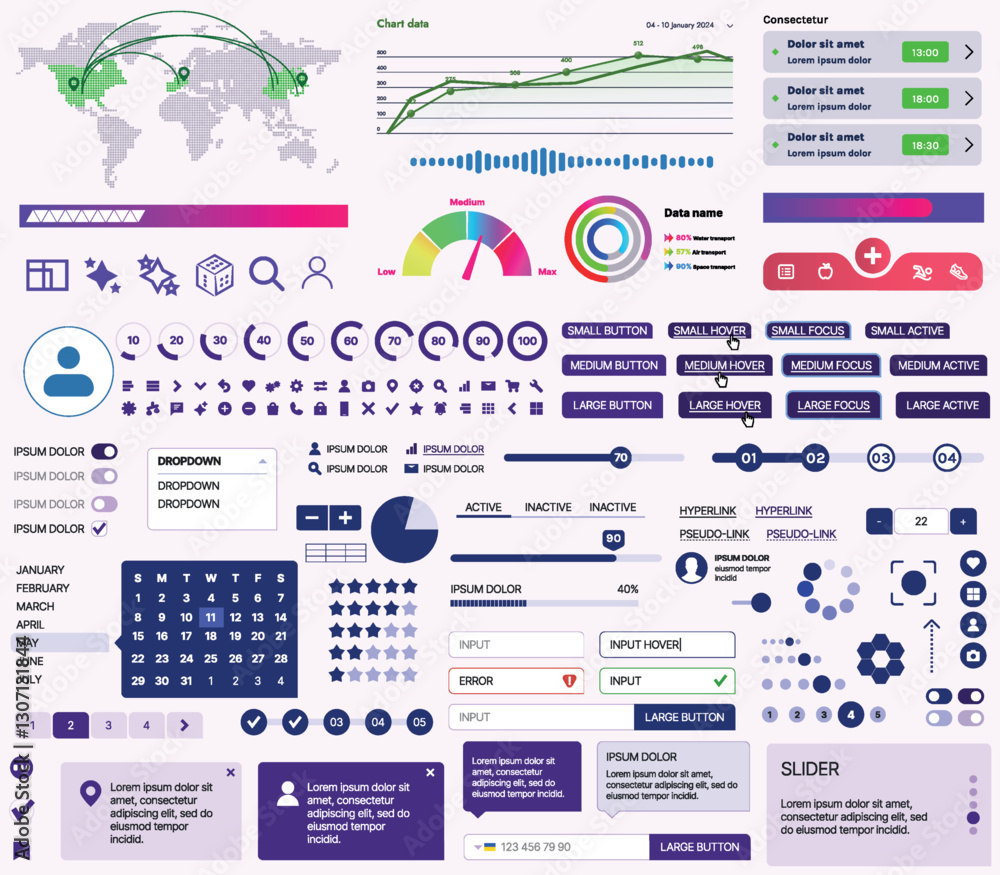 Poster set of ui/ux elements for websites and mobile applications: buttons, forms, menus, panels, icons, lo