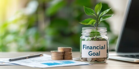 Financial goal investment milestones. A jar labeled "Financial Goal" holds coins and a small plant, symbolizing growth and investment, alongside financial documents and a laptop in a serene setting.