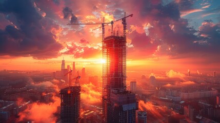 Construction site with crane building modern skyscraper at sunset.