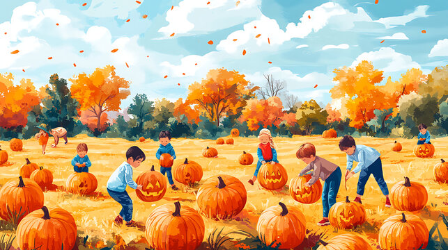 halloween pumpkin patch scene with diverse little children picking pumpkins showing autumn harvest outdoor farm activity and joyful seasonal festival concept scene