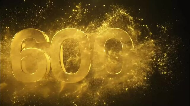 Text 600k shape created from golden light particles on black background