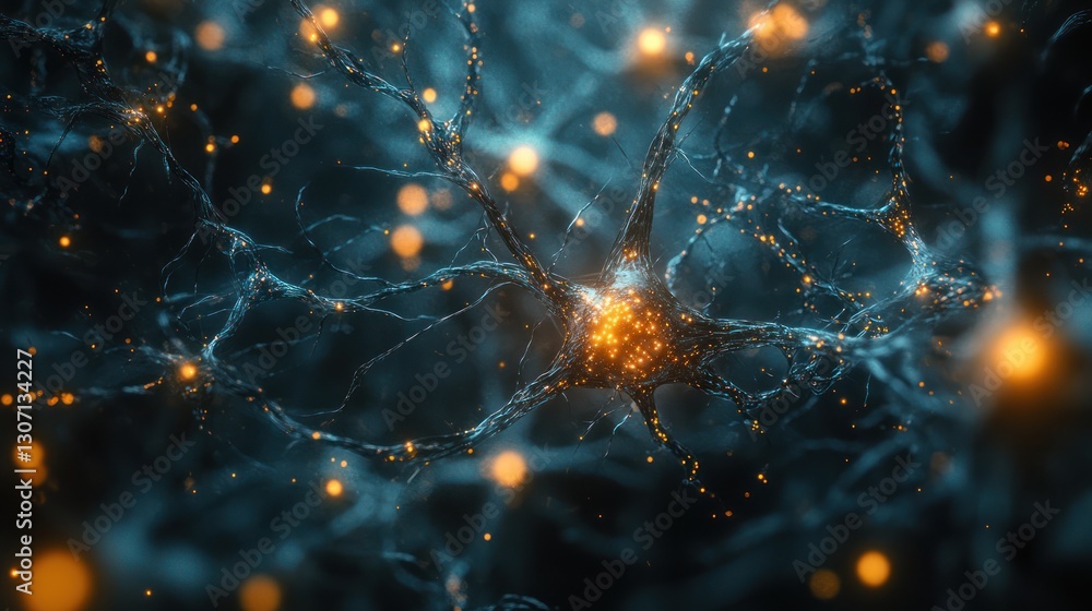 Poster microscopic view of a neuron with glowing synapses.