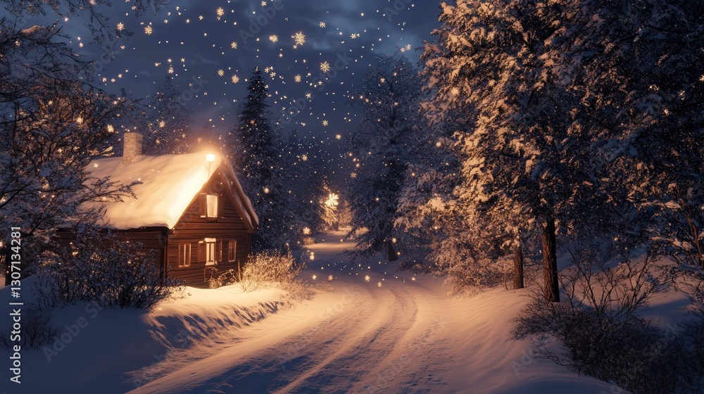 Poster snow sparkles under a soft light, with snowflakes floating gently through the air, adding to the mag