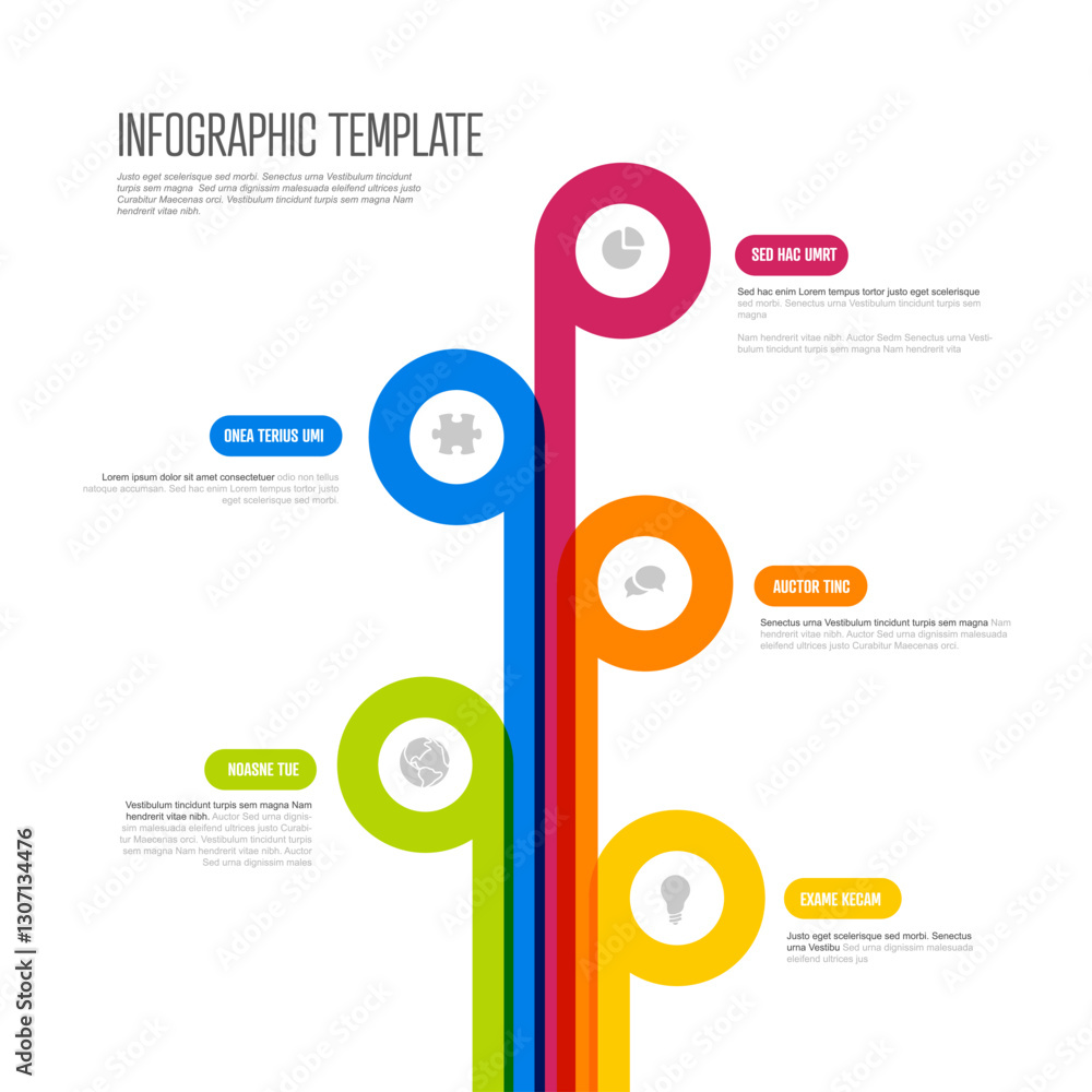 Aufkleber a modern infographic template with colorful, curved lines leading to circular icons and text placeho