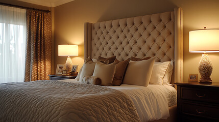 Fototapeta premium elegant master bedroom interior with tufted headboard warm lighting and luxurious bedding showing cozy luxury decor and relaxing modern sleep environment concept scene