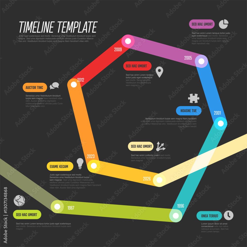 Aufkleber a vibrant polygonal timeline template with multicolored sections and placeholders for text. the dark