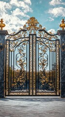Intricate Ornate Wrought Iron Gated Entrance Adorned with Golden Floral Patterns Against a Bright Blue Sky