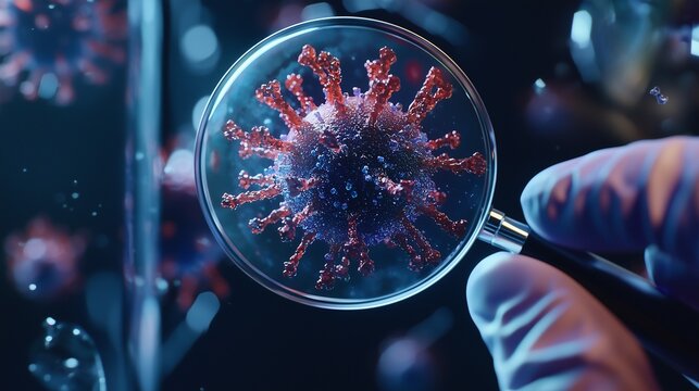 Gloved hand holding magnifying glass over virus model, symbolizing pcr testing.