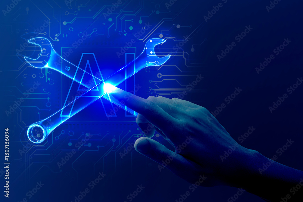 Poster artificial intelligence in maintenance. hand touching ai abbreviation and wrenches in cyberspace