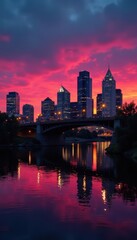 Fototapeta premium Dusk falls on Minneapolis; Stone Arch Bridge silhouettes against glowing skyline , landmark, architecture