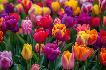 Fototapeta premium Colorful rainbow tulip flower outdoors blossom.