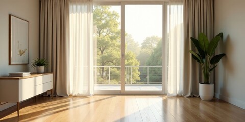 Fototapeta premium Serene Minimalist Living Room with Sunlight Streaming Through Sheer Curtains and Glass Doors onto Light Wood Floor