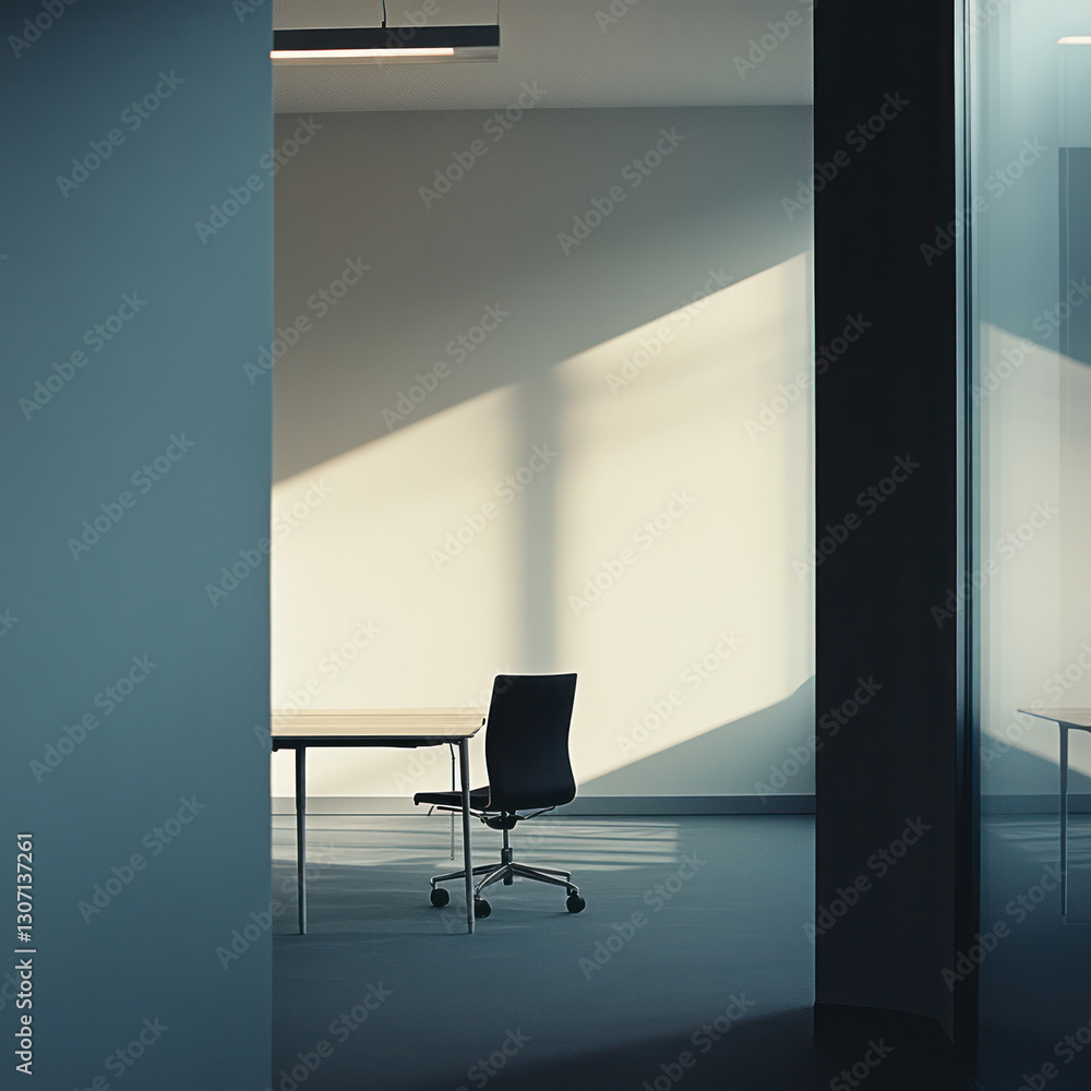 Poster minimalist office interior with single chair and table, featuring soft shadows and natural light. de