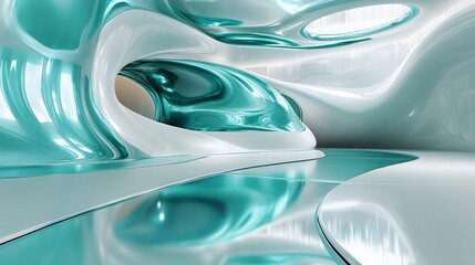 Cool teal and icy silver swirls, sleek and minimalistic with smooth glossy highlights