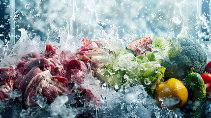 ice-covered freezer filled with frozen food and fresh ingredients like raw meat, vegetables, and fruits