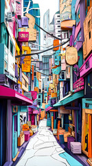 Fototapeta premium Vibrant alleyway filled with colorful storefronts and signs in a bustling urban setting.