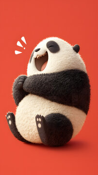 Cheerful cartoon panda with a round belly, laughing joyfully against a vibrant red background.