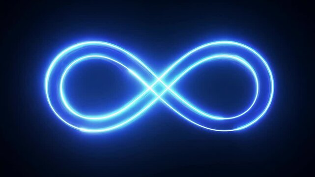 Glowing blue infinity loop, neon energy flow  in darkness, black background