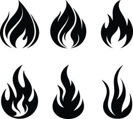 Stylized Fire Flame Clipart Icons Set. Burning Flames Symbol Black Silhouette Vector Pack. Sharp and Bold Flame Isolated on White Background.
