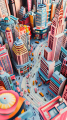 Naklejka premium A colorful miniature cityscape depicting bustling streets filled with tiny people, vibrant buildings, and iconic skyscrapers.