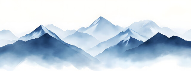 Fototapeta premium Watercolor, simple, clipart, dark blue snow-capped mountains with fog 