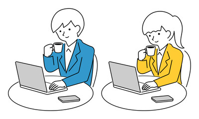 Man and woman drinking coffee and using computer