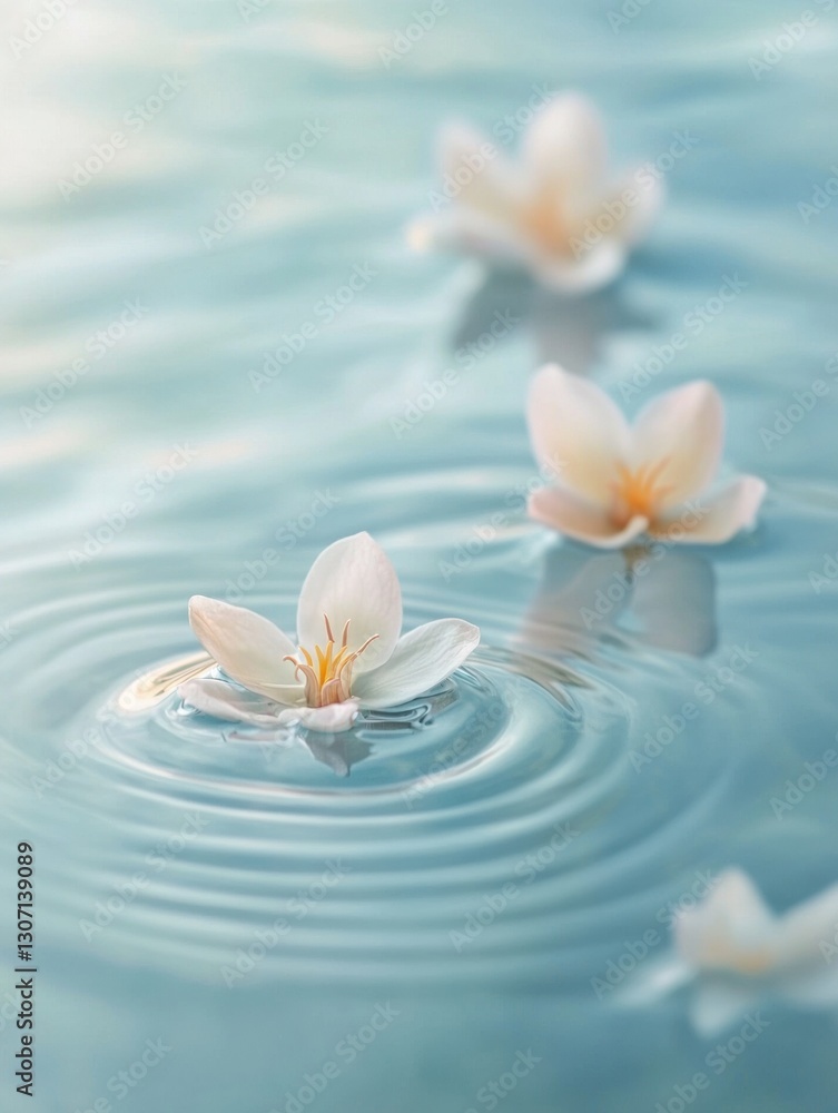 Poster Serenity in pastel colors with delicate flower petals floating on calm water in a tranquil setting Generative AI