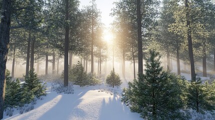 A serene winter morning in a dense pine forest, soft sunlight filtering through the trees, peaceful and calming, ultra-realistic, high definition.
