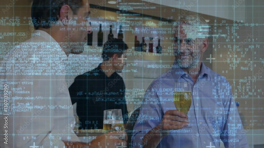Poster conversing over drinks, business professionals with programming code overlay in background