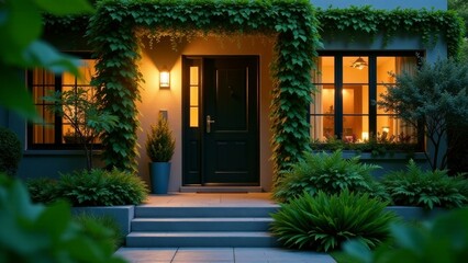 Fototapeta premium Evening Serenity A Welcoming Home Entrance with Lush Greenery and Soft Lighting