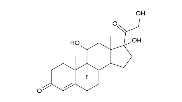 fludrocortisone molecule, structural chemical formula, ball-and-stick model, isolated image antihypotensive agents