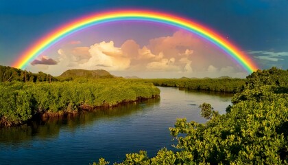 Vibrant estuary at sunrise, where a colorful rainbow arcs over winding waterways, lush green mangroves, and shimmering reflections on the water.