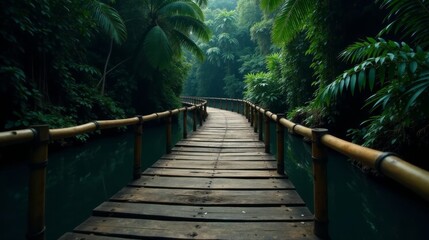 Fototapeta premium Serene Wooden Pathway Across Tranquil Emerald Waters, Enveloped by Lush Tropical Foliage