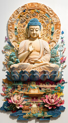 Fototapeta premium Intricate paper art sculpture of a serene Buddha surrounded by colorful lotus flowers and lush foliage.