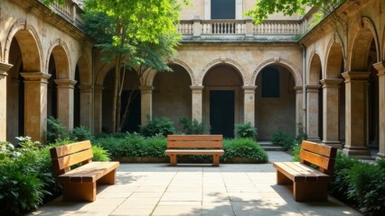 Fototapeta premium Serene Courtyard Sanctuary Wooden Benches Under Archways and Lush Greenery