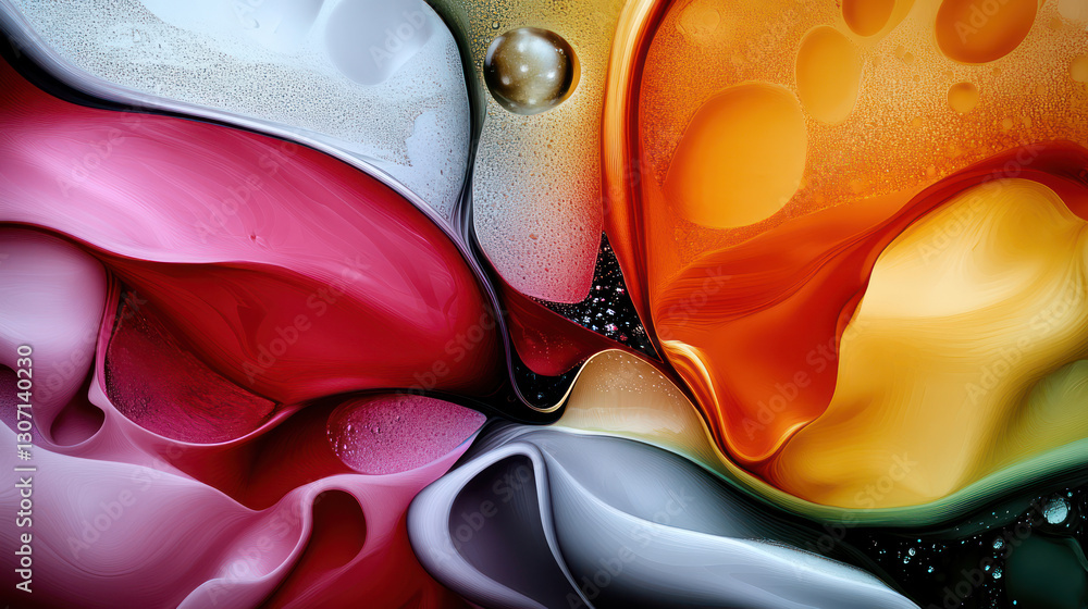 Poster this vibrant abstract artwork features flowing colors and shapes, creating sense of dynamic movement
