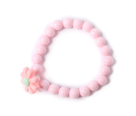 One pink hair tie with flower isolated on white, top view