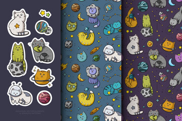 Playful cats in space-themed designs, with individual stickers and seamless patterns of cats floating among planets, stars, and celestial objects
