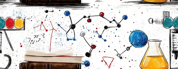 Colorful Laboratory Elements with Chemical Structures and Glassware on White Background