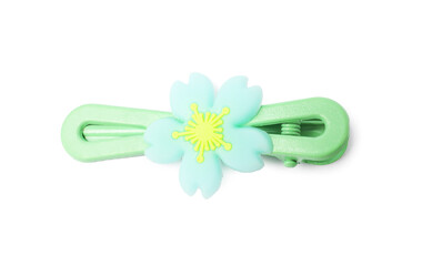 Cute hair clip with flower isolated on white, top view