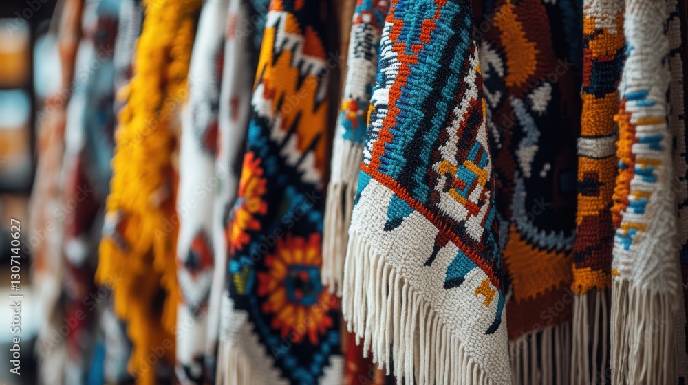Poster colorful woven textiles hanging in a row, showcasing intricate patterns and textures.
