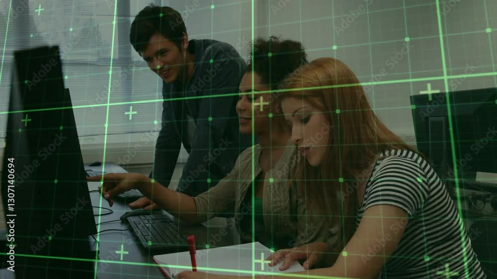 Poster three people collaborating at computers with digital grid overlay animation