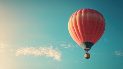 Fototapeta premium Vibrant Hot Air Balloon Soaring in a Clear Blue Sky with Soft Clouds in a Serene Landscape