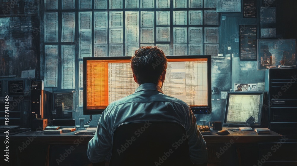 Poster a person sits at a computer, focused on a screen filled with data, surrounded by stacks of documents