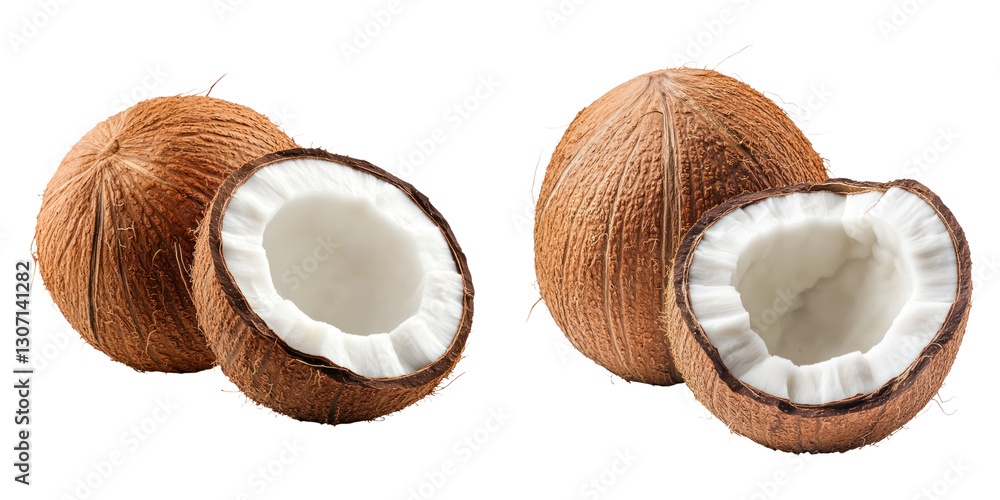 Poster whole and halved coconuts on transparency background, showcasing texture and freshness