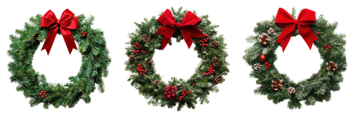 Festive Christmas wreaths with red bows and pinecones on transparency background