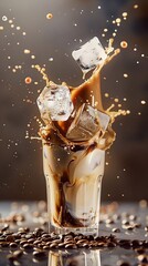 Iced coffee with milk and ice cubes with spectacular splashes in a glass against a  blurred background
