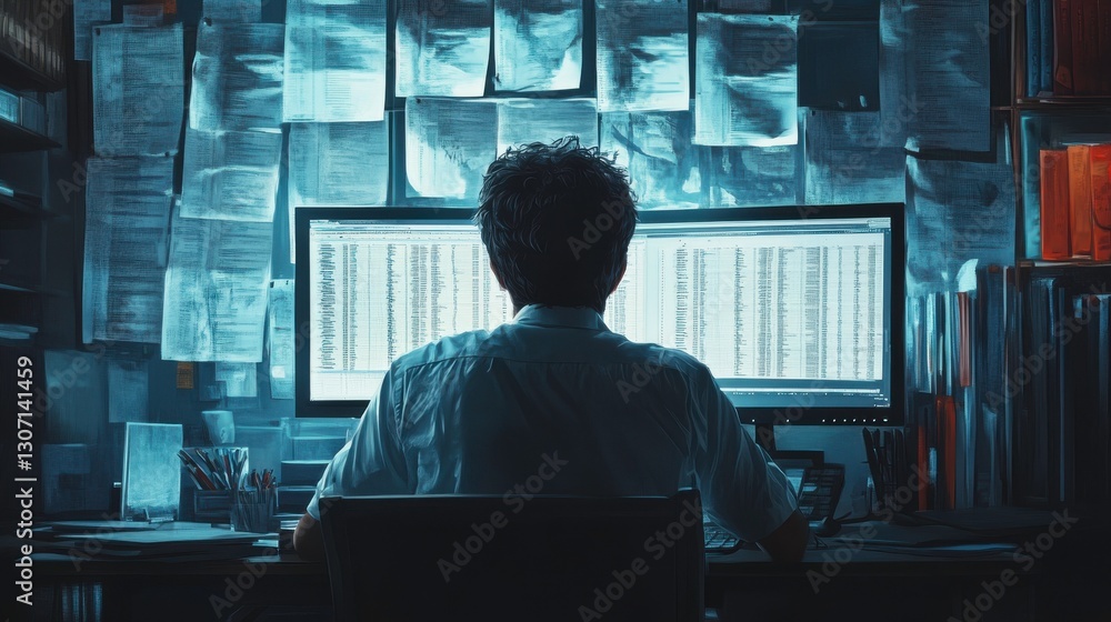 Poster a person sits in a dimly lit room, focused on a computer screen filled with data, surrounded by a wa