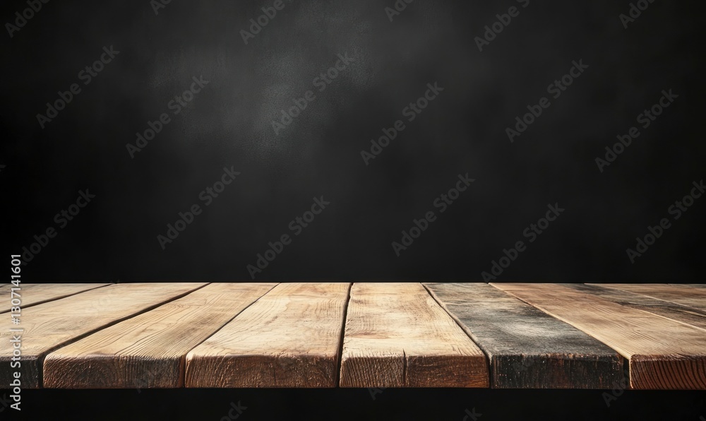 Poster Rustic Wooden Table Against Dark Background with Copy Space for Display