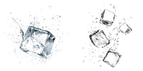 Falling ice cubes with splashing water on transparency background
